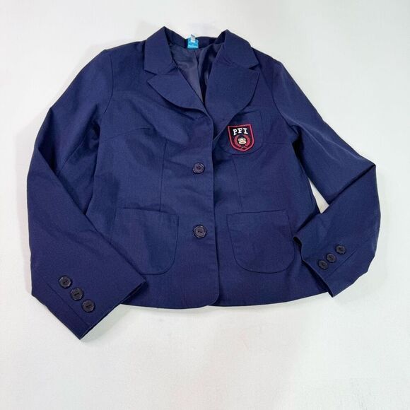 Paul Frank Jacket Blazer Womens Large Navy Blue Preppy Y2K Monkey Logo Patch - Picture 1 of 9